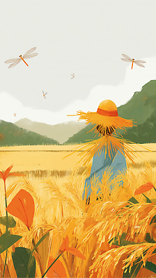 JPG 농업 일러스트 자연 하늘 산 풍경 초원 여름 농작물 농장 농사 수확 농촌 잠자리 농부 이삭 국내일러스트 AI일러스트 AI콘텐츠 직업 계절 산업 곤충 시골 생태계 파일형식