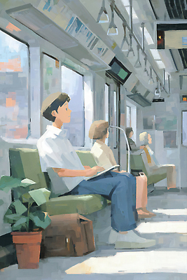 JPG 식물 여유 여행 이동 의자 일러스트 대중교통 한국 실내 대화 풍경 여러명 야외 책 스마트폰 고요 도시 전철 편안함 모던 소음 국내일러스트 AI일러스트 AI콘텐츠 감정 아시아 육상교통 교통수단 가구 다수 컨셉 말하기 사람 내부 핸드폰 스마트기기 소리 감각 파일형식