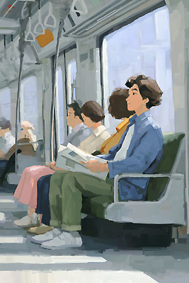 JPG 남자 문화 여유 여행 의자 일러스트 커뮤니케이션 대중교통 대화 사람 풍경 일상 책 도시 전철 편안함 읽기 승객 소음 셰어링 국내일러스트 AI일러스트 AI콘텐츠 감정 육상교통 교통수단 가구 모션 말하기 라이프 소리 감각 파일형식 공유경제