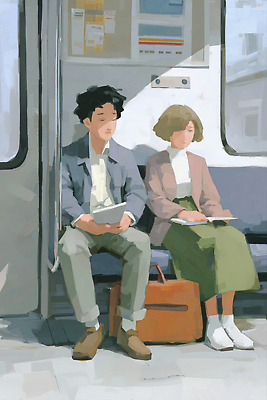 JPG 옷 문화 이동 의자 가방 일러스트 휴식 대중교통 일상 독서 햇빛 평화 도시 분위기 전철 승객 초상화 통근 소설_책 국내일러스트 AI일러스트 AI콘텐츠 잡화 육상교통 교통수단 가구 컨셉 라이프 태양 그림 출근 문학 파일형식