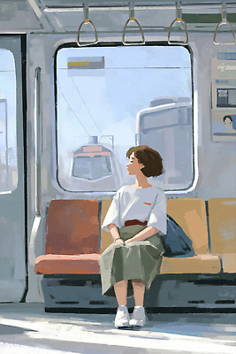 JPG 시선 여자 이동 생각 의자 가방 일러스트 대중교통 서울 풍경 햇빛 도시 전철 편안함 모던 조용 사색 창밖 오후 국내일러스트 AI일러스트 AI콘텐츠 잡화 육상교통 교통수단 가구 컨셉 창문 한국 사람 태양 감각 파일형식