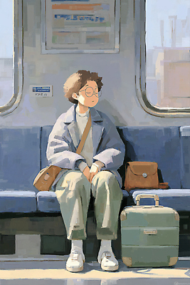 JPG 창 여유 여행 이동 의자 가방 일러스트 휴식 대중교통 사람 풍경 일상 햇빛 여행가방 도시 분위기 전철 편안함 소통 국내일러스트 AI일러스트 AI콘텐츠 잡화 감정 무기 육상교통 교통수단 가구 컨셉 라이프 태양 감각 파일형식