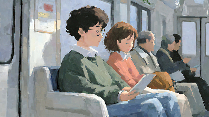 JPG 문화 여유 여행 의자 일러스트 아침 대중교통 실내 사람 여러명 일상 독서 평화 도시 분위기 전철 편안함 집중 즐거움 국내일러스트 AI일러스트 AI콘텐츠 주간 감정 육상교통 교통수단 가구 다수 컨셉 내부 라이프 감각 파일형식