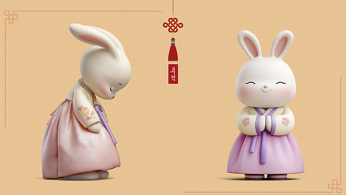 PSD 편집이미지 캐릭터 전통 디자인 문화 프로포즈 새해 한국 미소 추석 귀여움 축제 토끼 인사 전통의상 한국화 편집3D 명절 아시아 컨셉 포유류 표정 반려동물 3D 예절 동양화 파일형식