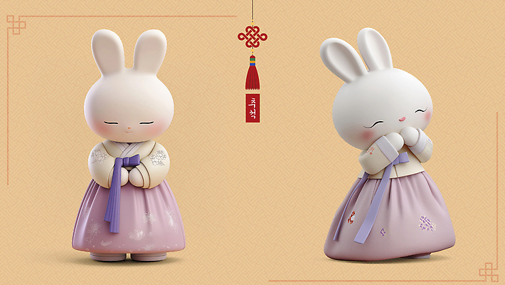 PSD 편집이미지 캐릭터 전통 디자인 아시아 문화 예술 한국 설날 추석 귀여움 축제 토끼 인사 한복 오브젝트 편집3D 한국전통 명절 나라 컨셉 포유류 반려동물 3D 예절 전통의상 파일형식