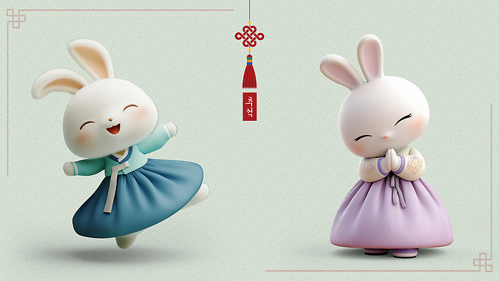 PSD 편집이미지 캐릭터 전통 옷 명절 문화 한국 표정 추석 귀여움 기쁨 축하 춤 토끼 한복 즐거움 편집3D 한국전통 기념일 감정 아시아 컨셉 포유류 문화예술 반려동물 3D 전통의상 파일형식