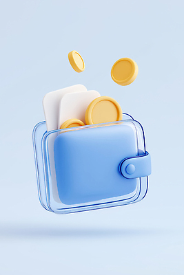 JPG 편집이미지 디자인 하늘색 백그라운드 공중 경제 파란색 디지털 동전 금색 투명 지갑 소비 오브젝트 편집3D AI컴퓨터그래픽 AI콘텐츠 카드프레임 컬러 돈 프레임 3D 파일형식