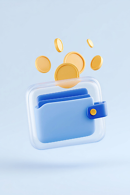 JPG 편집이미지 디자인 상징 관리 그래픽 파란색 동전 금색 투명 지갑 기하학 재정 디지털아트 편집3D AI컴퓨터그래픽 AI콘텐츠 컬러 돈 무늬 3D 파일형식