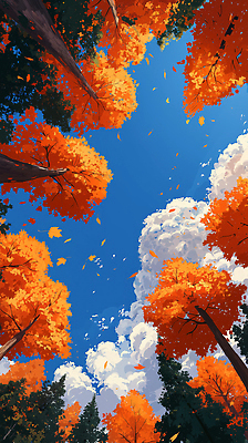 JPG 나무 구름 계절 컬러 단풍 일러스트 자연 하늘 바람 나뭇잎 풍경 여름 빛 노란색 주황색 가을 떨어짐 숲 뷰티풀 국내일러스트 AI일러스트 AI콘텐츠 자연요소 식물 컨셉 잎 날씨 생태계 파일형식