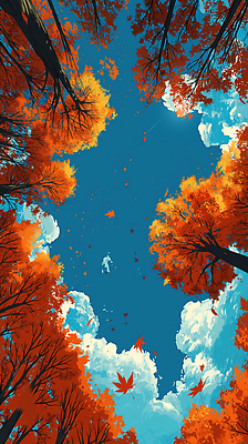 JPG 나무 구름 컬러 여행 단풍 일러스트 자연 하늘 풍경 파란색 평화 일몰 가을 떨어짐 뷰티풀 풍경화 목가 국내일러스트 AI일러스트 AI콘텐츠 자연요소 식물 계절 컨셉 잎 노을 그림 생태계 파일형식