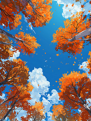 JPG 나무 구름 시선 계절 낙엽 잎 일러스트 자연 하늘 생명 풍경 일상 파란색 환경 주황색 감상 가을 숲 뷰티풀 색감 국내일러스트 AI일러스트 AI콘텐츠 자연요소 식물 컬러 라이프 생태계 파일형식