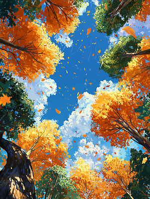 JPG 나무 구름 컬러 하늘색 단풍 일러스트 자연 하늘 바람 나뭇잎 밝음 풍경 가을 떨어짐 숲 상쾌 뷰티풀 국내일러스트 AI일러스트 AI콘텐츠 자연요소 식물 계절 감정 컨셉 잎 날씨 파란색 생태계 파일형식