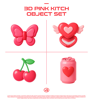 PSD 편집이미지 디자인 분홍색 컬러 나비 주방용품 장식 인테리어 세트 주방 하트 체리 캔 오브젝트 아이템 편집3D 모양 생활용품 곤충 과일 3D 파일형식