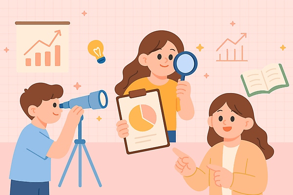 학생 교육 일러스트 모션 협력 아이디어 실험 학습 자료 성장 도구 발표 결과 토론 분석 분석가 서류판 국내일러스트 AI파일 직업 컨셉 사무용품 파일형식 벡터