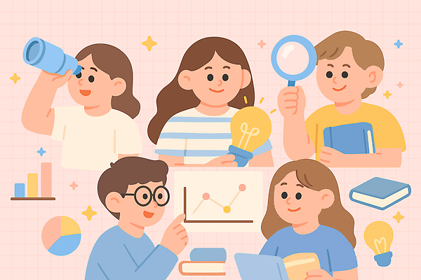 교육 일러스트 그래프 협력 조명 아이디어 실험 책 학습 도구 체험 발표 분석 호기심 창의성 프로젝트 상호작용 국내일러스트 AI파일 감정 컨셉 파일형식 벡터