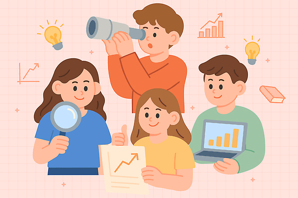 어린이 일러스트 그래프 협력 아이디어 기술 실험 학습 자료 망원경 성장 도구 관찰 발전 분석 검사_조사 문서 발견 창의성 국내일러스트 AI파일 교육 컨셉 모션 사람 파일형식 벡터