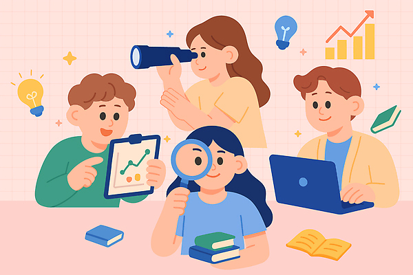 학생 일러스트 협력 아이디어 기술 실험 책 학습 자료 망원경 정보 관찰 발전 집중 분석 과제 서류판 창의성 프로젝트 국내일러스트 AI파일 교육 컨셉 모션 사무용품 파일형식 벡터