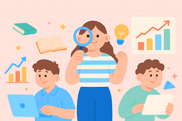 학생 교육 일러스트 그래프 협력 아이디어 기술 실험 책 학습 컴퓨터 자료 정보 성장 집중 분석 노력 문제해결 창의성 국내일러스트 AI파일 컨셉 전자제품 파일형식 벡터