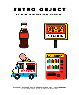 캐릭터 디자인 음료 예술 음식 일러스트 아이스크림 그래픽 세트 컬러풀 매력적 트럭 복고 콜라 주유소 자판기 스타일 국내일러스트 AI파일 컬러 컨셉 자동차 디저트 탄산음료 파일형식 벡터