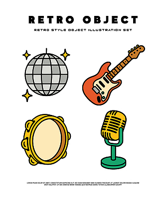 디자인 문화 예술 음악 일러스트 타악기 이벤트 그래픽 소리 공연 기타 표현 빈티지 마이크 오브젝트 그림 복고 디스코 리듬 스타일 국내일러스트 AI파일 악기 음향기기 컨셉 현악기 문화예술 춤 파일형식 벡터