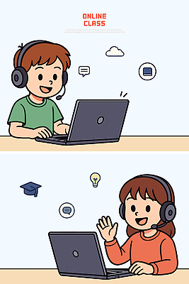 학생 교육 인터넷 일러스트 통신 교실 가정 이야기 친구 학습 컴퓨터 스크린 헤드셋 기계 정보 강의 소통 온라인강의 홈스쿨링 국내일러스트 AI파일 음향기기 컨셉 학교 관계 전자제품 헤드폰 홈스쿨 파일형식 벡터 언택트