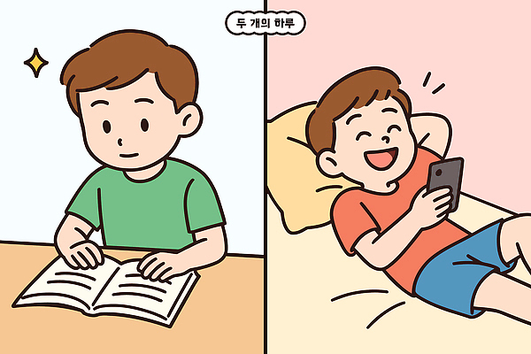 여유 어린이 일러스트 모션 놀이 표정 책 스마트폰 학습 성장 침대 시간 변화 집중 즐거움 창의성 국내일러스트 AI파일 교육 감정 가구 컨셉 사람 핸드폰 스마트기기 파일형식 벡터