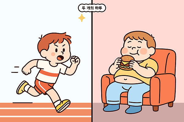 다이어트 일러스트 모션 건강 소년 운동복 달리기 운동 식사 햄버거 비교 몸무게 편안함 비만 즐거움 습관 생활습관 국내일러스트 AI파일 옷 남자 감정 어린이 컨셉 패스트푸드 감각 몸매 파일형식 벡터