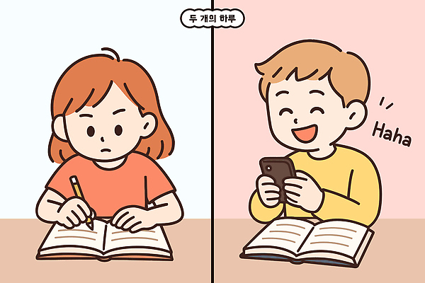 교육 어린이 일러스트 모션 웃음 소녀 소년 취미 친구 스마트폰 학습 공책 시간 비교 집중 즐거움 일과 국내일러스트 AI파일 여자 남자 감정 컨셉 관계 문구용품 표정 사람 핸드폰 스마트기기 파일형식 벡터