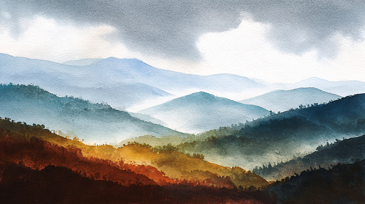 JPG 구름 컬러 일러스트 자연 하늘 수채화 산 풍경 태양 일출 고요 안개 대기 숲 부드러움 조화 뷰티풀 산맥 국내일러스트 AI일러스트 AI콘텐츠 자연요소 날씨 노을 감각 생태계 파일형식