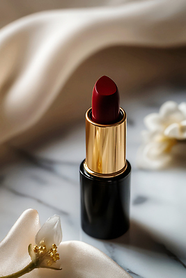 JPG 편집이미지 여자 패션 꽃 장식 빨간색 인테리어 화장 뷰티 검은색 화장품 립스틱 금색 고급 편집실사 AI포토 AI콘텐츠 식물 디자인 컬러 컨셉 사람 CG 파일형식