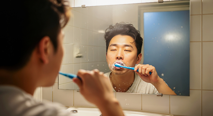 JPG 편집이미지 남자 아침 일상 물 청결 거울 붓 세수 칫솔 피부 화장실 일과 텀블러 의료성형뷰티 편집실사 AI인물포토 AI콘텐츠 주간 자연요소 사람 라이프 신체부위 컵 위생용품 위생 CG 파일형식 AI포토