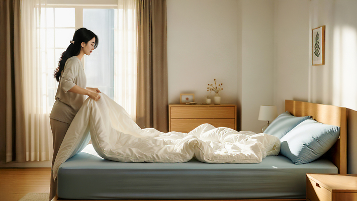 JPG 편집이미지 여자 아침 실내 따뜻함 일상 생활 햇빛 침실 이불 침대 편안함 정리 주말 주거공간 의료성형뷰티 편집실사 AI인물포토 AI콘텐츠 주간 가구 침구 사람 내부 라이프 태양 공간 감각 CG 파일형식 AI포토