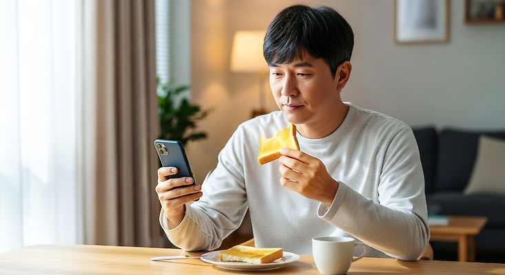 JPG 편집이미지 남자 여유 커피 음식 거실 창문 아침 일상 생활 스마트폰 평화 식사 편안함 토스트 의료성형뷰티 편집실사 AI인물포토 AI콘텐츠 주간 감정 음료 빵 컨셉 사람 라이프 핸드폰 스마트기기 감각 CG 파일형식 AI포토