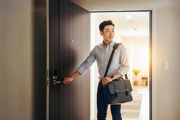 JPG 편집이미지 남자 행복 가방 아침 주택 실내 미소 일상 생활 문 방 오브젝트 출근 귀가 의료성형뷰티 편집실사 AI인물포토 AI콘텐츠 주간 잡화 감정 표정 사람 내부 건물 라이프 CG 출퇴근 파일형식 AI포토