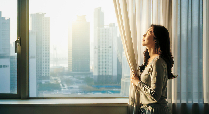 JPG 편집이미지 여자 여유 생각 창문 아침 실내 건물 생활 햇빛 도시 분위기 편안함 창가 의료성형뷰티 편집실사 AI인물포토 AI콘텐츠 주간 건축물 감정 컨셉 사람 내부 태양 감각 CG 파일형식 AI포토