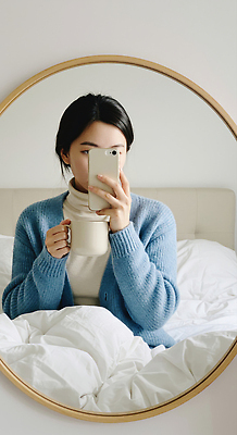 JPG 편집이미지 여자 여유 커피 아침 실내 따뜻함 일상 거울 방 침대 편안함 셀프카메라 부드러움 의료성형뷰티 편집실사 AI인물포토 AI콘텐츠 주간 감정 음료 가구 사람 내부 라이프 사진촬영 감각 CG 파일형식 AI포토