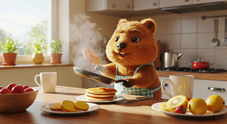 JPG 편집이미지 커피 과일 가족 식탁 아침 요리 주방 요리사 아침식사 코알라 스토리 팬케이크 이미지편집 AI컴퓨터그래픽 AI콘텐츠 주간 직업 음료 포유류 관계 탁자 케이크 식사 파일형식