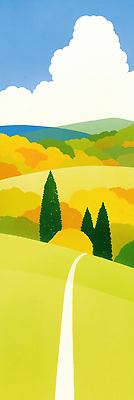 JPG 나무 구름 도로 일러스트 자연 하늘 산 풍경 초원 노란색 평화 고요 일몰 가을 시골 숲 산등성이 청록색 조화 색감 국내일러스트 AI일러스트 AI콘텐츠 자연요소 식물 계절 길 컬러 컨셉 교통시설 노을 생태계 파일형식