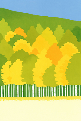 JPG 나무 감정 여유 컬러 단풍 일러스트 자연 하늘 휴식 따뜻함 풍경 야외 초록색 노란색 평화 가을 숲 그림 뷰티풀 국내일러스트 AI일러스트 AI콘텐츠 식물 계절 컨셉 잎 생태계 파일형식