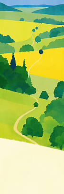 JPG 모양 나무 길 밭 일러스트 자연 하늘 휴식 풍경 초록색 여름 파란색 농장 평화 산책 언덕 멀리 조화 탐방 경관 국내일러스트 AI일러스트 AI콘텐츠 식물 계절 컬러 컨셉 농업 생태계 파일형식