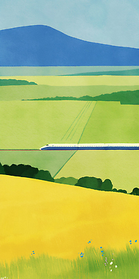 JPG 나무 여행 교통 일러스트 자연 하늘 풍경 초원 파란색 농장 노란색 평화 일출 일몰 기찻길 기차 시골 그림 장면 고속열차 국내일러스트 AI일러스트 AI콘텐츠 식물 육상교통 컬러 컨셉 농업 대중교통 노을 생태계 파일형식