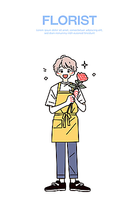 캐릭터 디자인 남자 꽃 행복 화분 일러스트 미소 웃음 장미 환경 앞치마 작업 꽃집 오브젝트 색감 플로리스트 스타일 국내일러스트 AI파일 식물 직업 감정 표정 사람 상점 파일형식 벡터