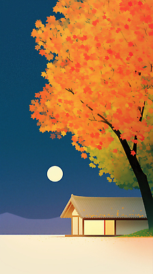 JPG 나무 식물 사계절 전통문화 고건축 잎 일러스트 자연 밤하늘 단풍나무 한국 풍경 노란색 고요 가을 저녁 달빛 조화 뷰티풀 국내일러스트 AI일러스트 AI콘텐츠 전통 건축물 계절 아시아 문화 컬러 단풍 하늘 달 야간 생태계 파일형식