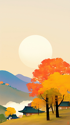 JPG 나무 컬러 일러스트 자연 하늘 산 풍경 햇빛 태양 일출 고요 감상 금색 가을 조용 뷰티풀 풍경화 산맥 국내일러스트 AI일러스트 AI콘텐츠 자연요소 식물 계절 노을 그림 생태계 파일형식