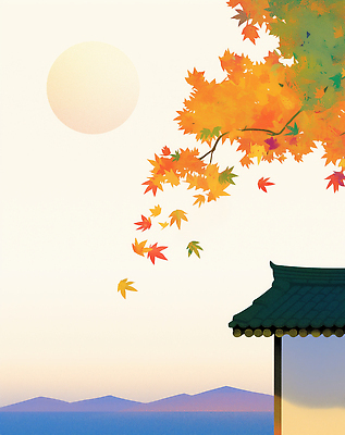 JPG 나무 전통 건축물 호수 컬러 단풍 낙엽 일러스트 자연 하늘 풍경 물 햇빛 태양 평화 가을 떨어짐 저녁 뷰티풀 차분 국내일러스트 AI일러스트 AI콘텐츠 자연요소 식물 계절 건축 컨셉 잎 야간 생태계 파일형식