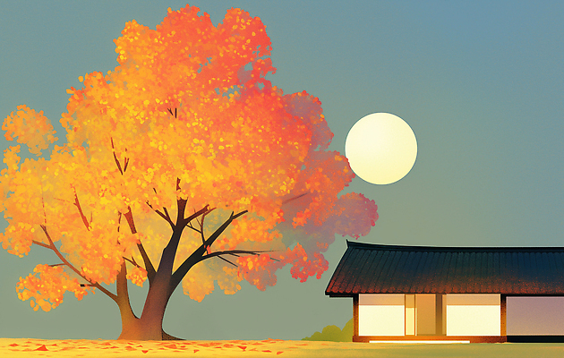JPG 나무 전통 단풍 고건축 잎 일러스트 자연 하늘 한국 따뜻함 풍경 평화 감상 가을 저녁 달빛 조화 고풍 뷰티풀 색감 국내일러스트 AI일러스트 AI콘텐츠 식물 건축물 계절 아시아 컨셉 달 야간 생태계 파일형식