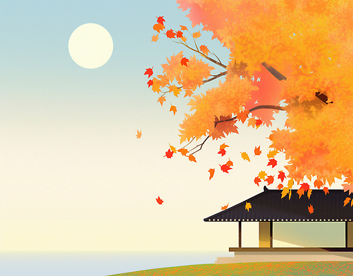 JPG 나무 바다 단풍 잎 일러스트 자연 주택 풍경 햇빛 태양 평화 고요 일몰 가을 조경 조용 뷰티풀 색감 차분 국내일러스트 AI일러스트 AI콘텐츠 자연요소 식물 계절 컨셉 건물 노을 생태계 파일형식
