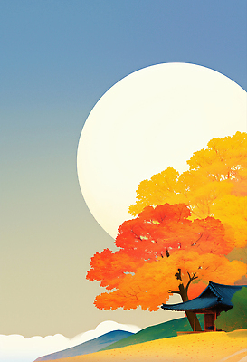 JPG 나무 전통 전통문화 컬러 단풍 일러스트 자연 하늘 한국 실내 밝음 풍경 건물 고요 달 가을 시골 조화 눈부심 뷰티풀 오후 국내일러스트 AI일러스트 AI콘텐츠 자연요소 식물 건축물 계절 아시아 문화 잎 내부 생태계 파일형식