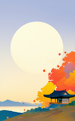 JPG 나무 전통 문화 컬러 단풍 잎 일러스트 자연 하늘 산 한옥 한국 풍경 평화 일출 고요 가을 변화 달빛 조용 뷰티풀 국내일러스트 AI일러스트 AI콘텐츠 식물 한국전통 계절 아시아 컨셉 고건축 노을 달 생태계 파일형식