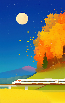 JPG 나무 컬러 여행 단풍 일러스트 자연 하늘 아침 풍경 노란색 일몰 기차 달 가을 언덕 속도 기차역 뷰티풀 풍경화 국내일러스트 AI일러스트 AI콘텐츠 주간 자연요소 식물 계절 육상교통 잎 대중교통 노을 역 그림 생태계 파일형식
